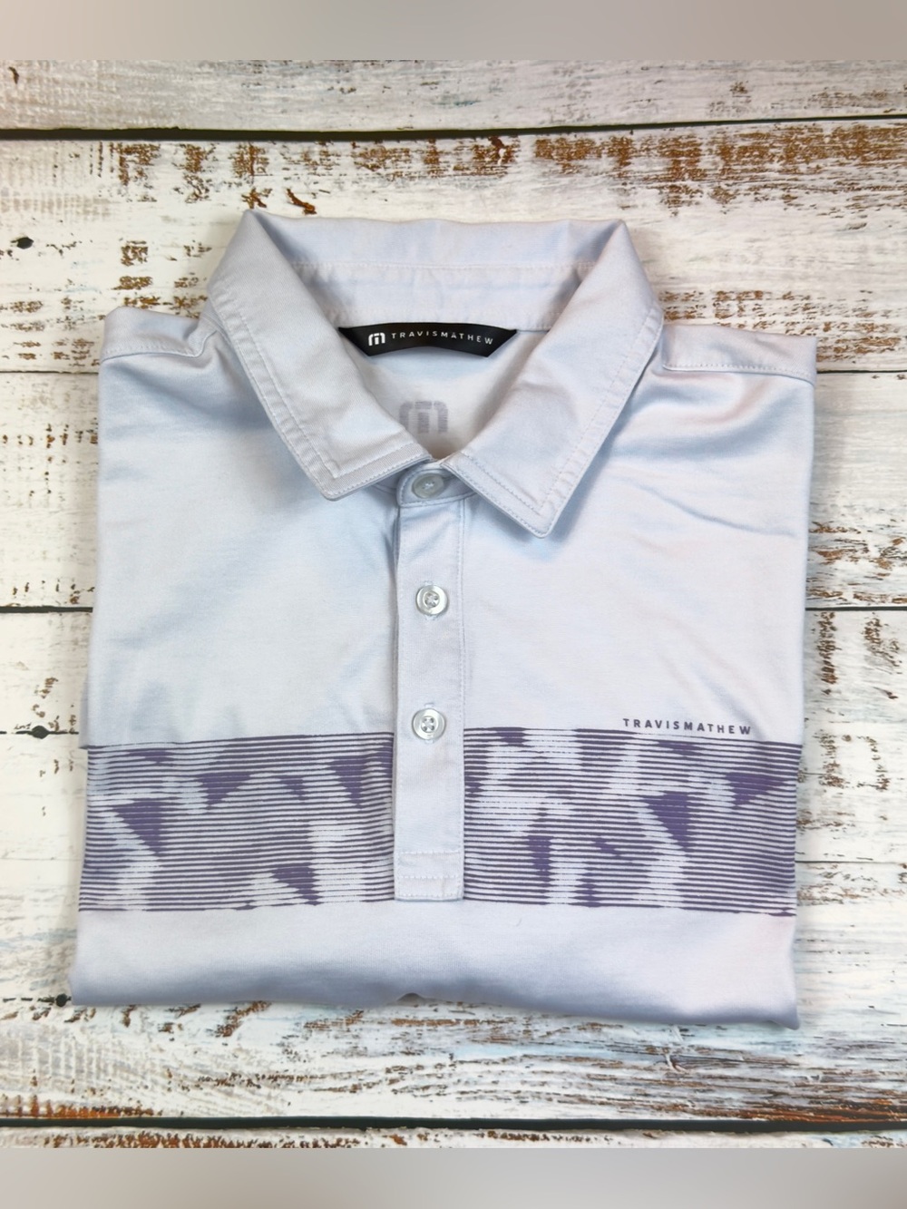 Travis Mathew Golf Polo White w/ Purple Abstract Design Across Chest